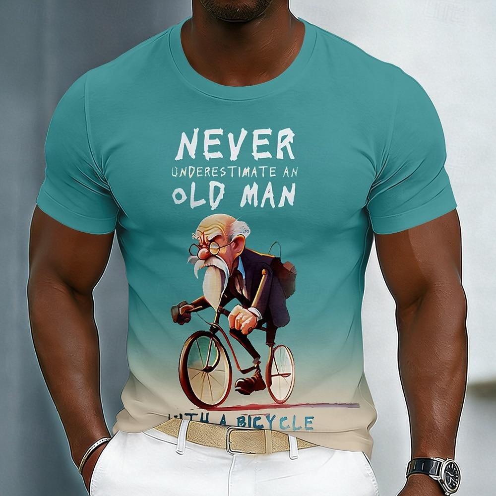 

Man With A Bicycle Men s Funny Cycling Caricature Graphic T Shirt Short Sleeve Crew Neck Teal Gradient Casual Tee S