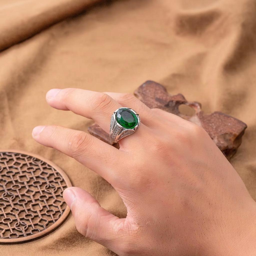 Anello da Uomo con Cristalli Verdi alla Moda, Design Retrò Personalizzato, Stile Turco, Accessori Gioielli da Festa