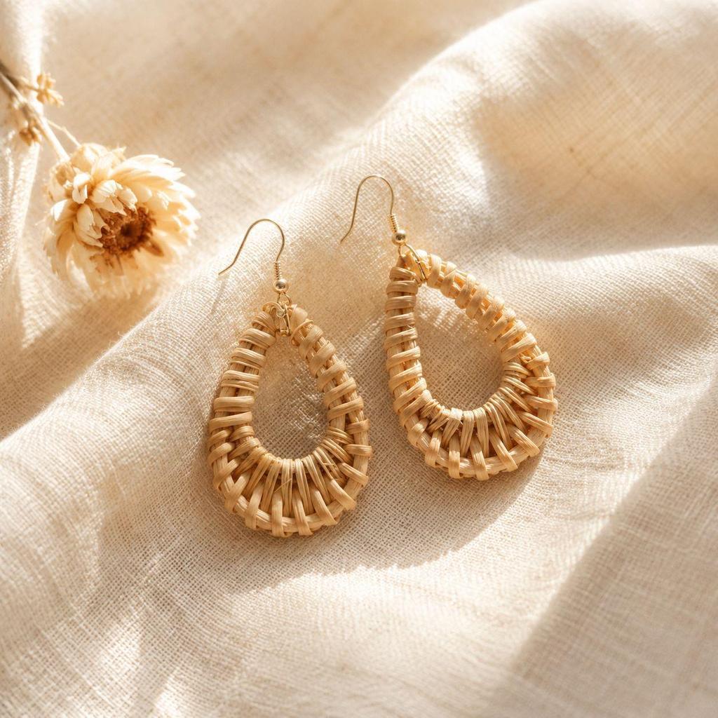 European Retro Geometric Raffia Earrings: Vacation-Style Wooden Hollow Long Accessories for Women