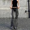 STREETRICH VibeStreet Women's Low Waist Washed Black Denim Jeans Gothic Emo Y2k Baggy Flare Cargo Jeans Vintage Wide Leg Pants Harajuku Denim Trousers