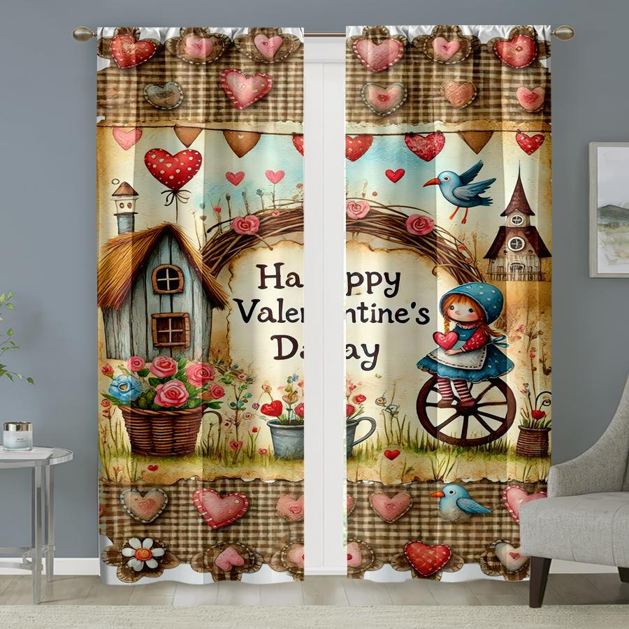 

Set Of 2 Rural Style People Day Cottage Curtains Retro Warm Living Room Bedroom Decorative Drawbar Pockets Curtain Polyester Ideal For Sitting W100*H70(CM)-Rod Pocket&1PCS