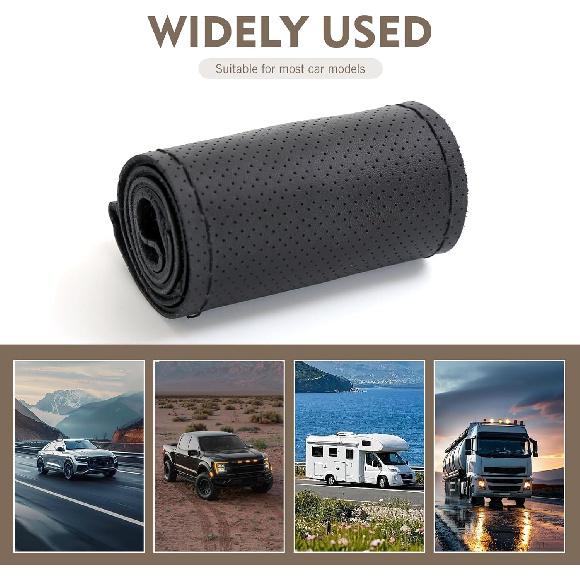Leather Steering Wheel Cover, 15 Inch Hand Sewing Steering Wheel Wrap, Anti Slip Car Steering Wheel Protector Covers, DIY Sewing with Needle Thread,