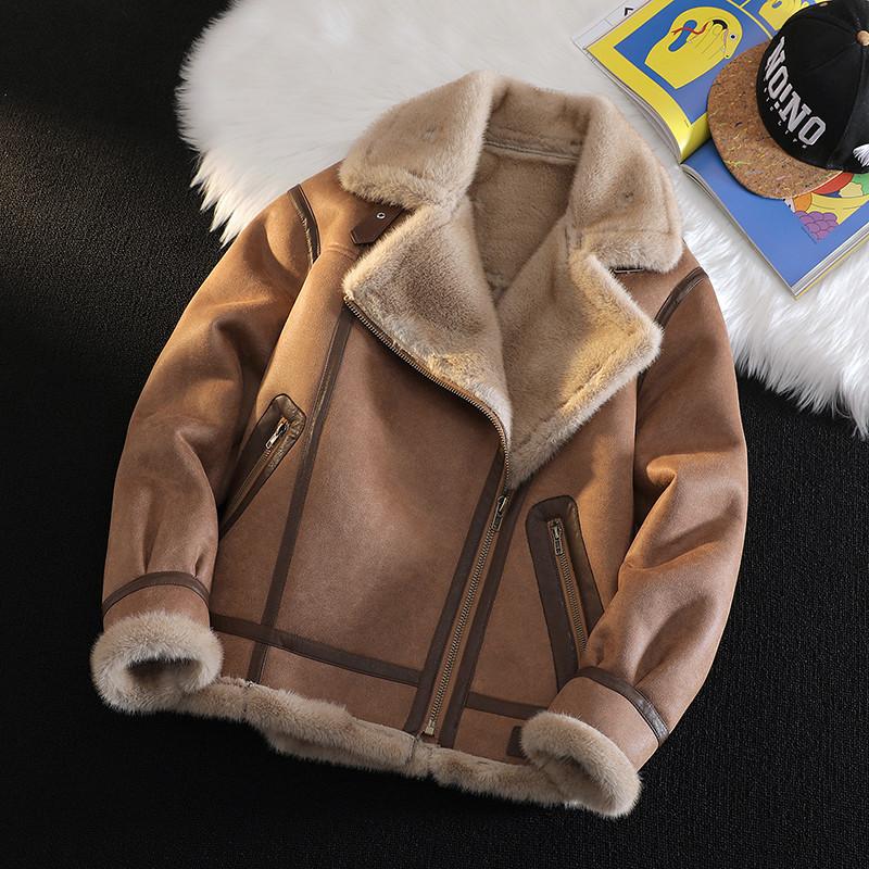 Winter New European Trend Men's Fashion Lapel Large Size PU Fur Integrated Jacket Men's