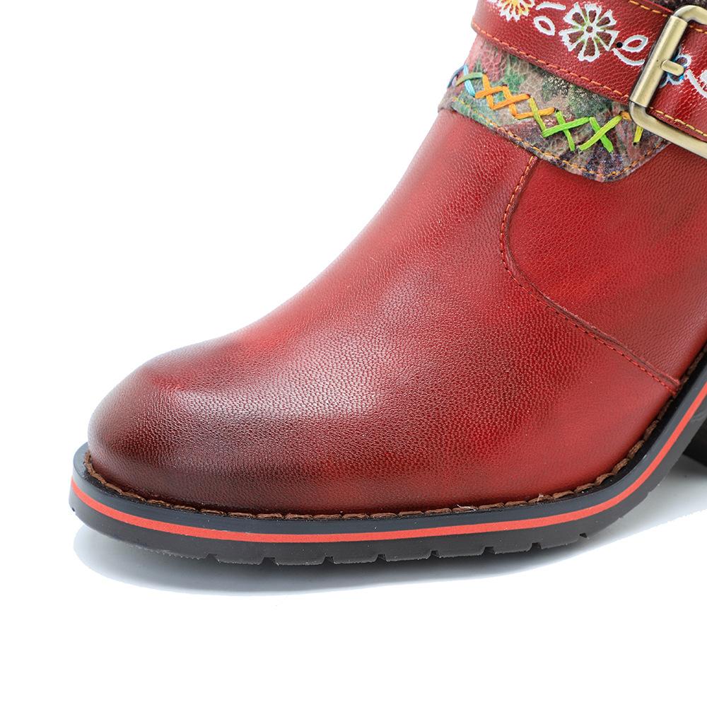 Johnature Vera pelle patchwork stampato fibbia per cintura tacco spesso comodi tacchi alti stivali lunghi scarpe da donna