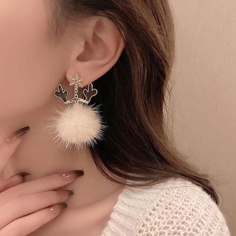 2025 Snowflake Antler Hair Ball Tassel Earrings for Women Cute Red Bow Plush Earrings Light Luxury Temperament Christmas Jewelry