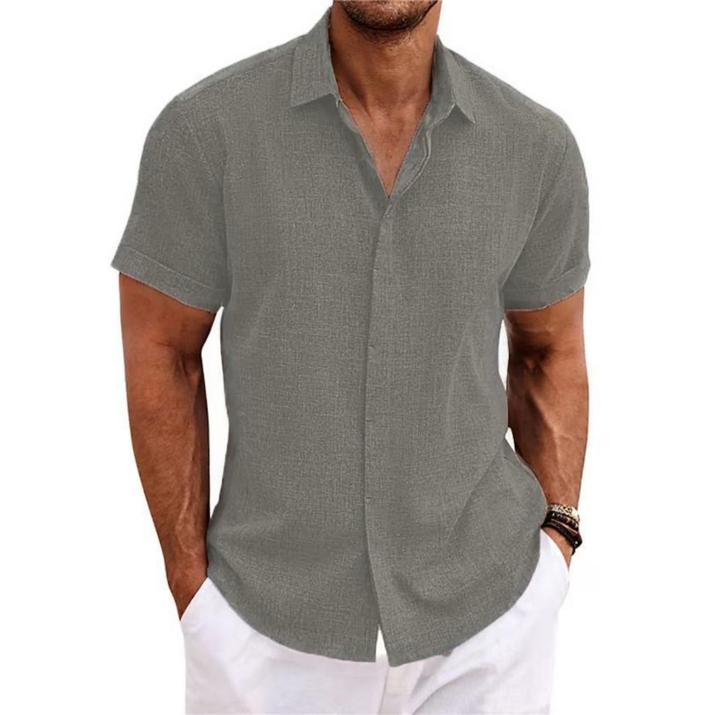 Men's Casual -color Loose Short-sleeved T-shirt Shirt - Men's Cotton And Linen Collar Short-sleeved Top