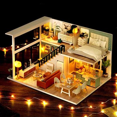 Houses Miniature Dollhouse Furniture Kit with Led Toy for Kids Christmas Gift