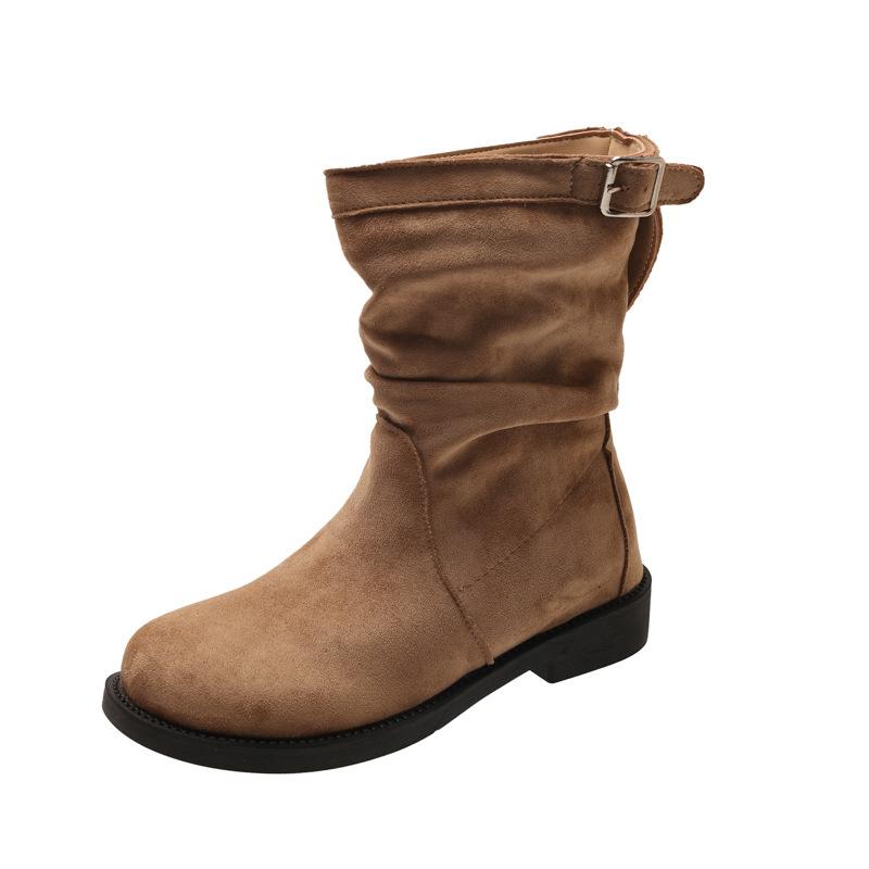 

Brown short boots women s pleated pile boots 2025 new autumn flat-bottomed Merard Birkenstocks western cowboy boots 40 абрикосовый