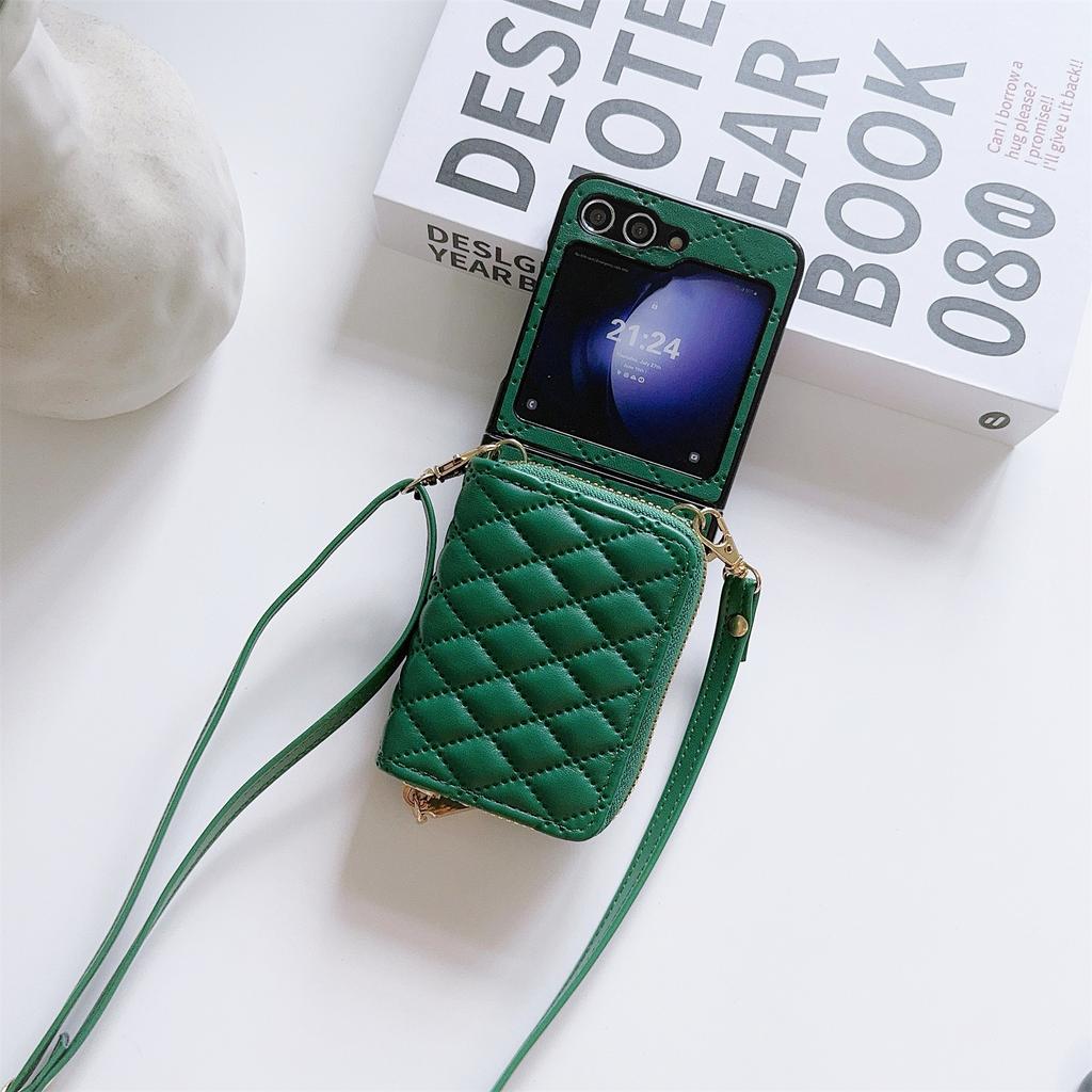 For Samsung Galaxy Z Flip5 5G Phone Case Card Bag PU Leather+PC Cover with Crossbody Strap