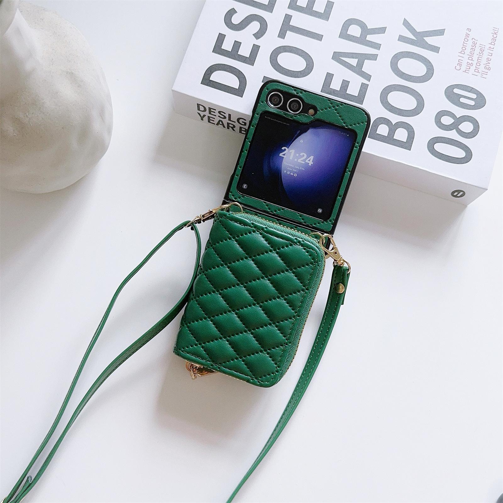 

For Samsung Galaxy Z Flip5 5G Phone Case Card Bag PU Leather+PC Cover with Crossbody Strap Green