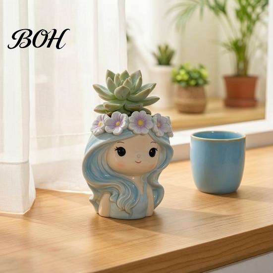 Cute Girl Planter for Indoor Plants Planter, Blue Hair Garland Head Decorative Plant Pot Bedroom Resin Succulents Cacti Creative Flower Container