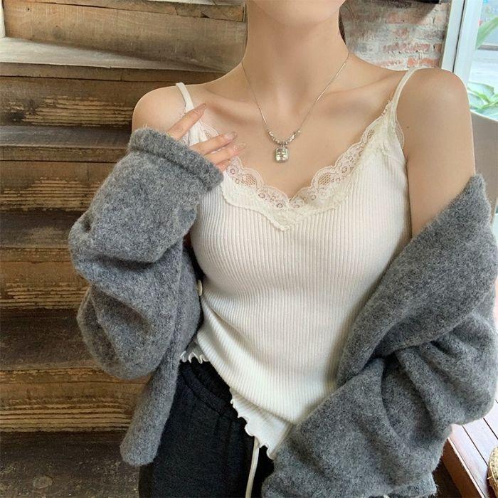 Lace suspender French chic knitted small vest women's inner white bottoming shirt new top summer wear