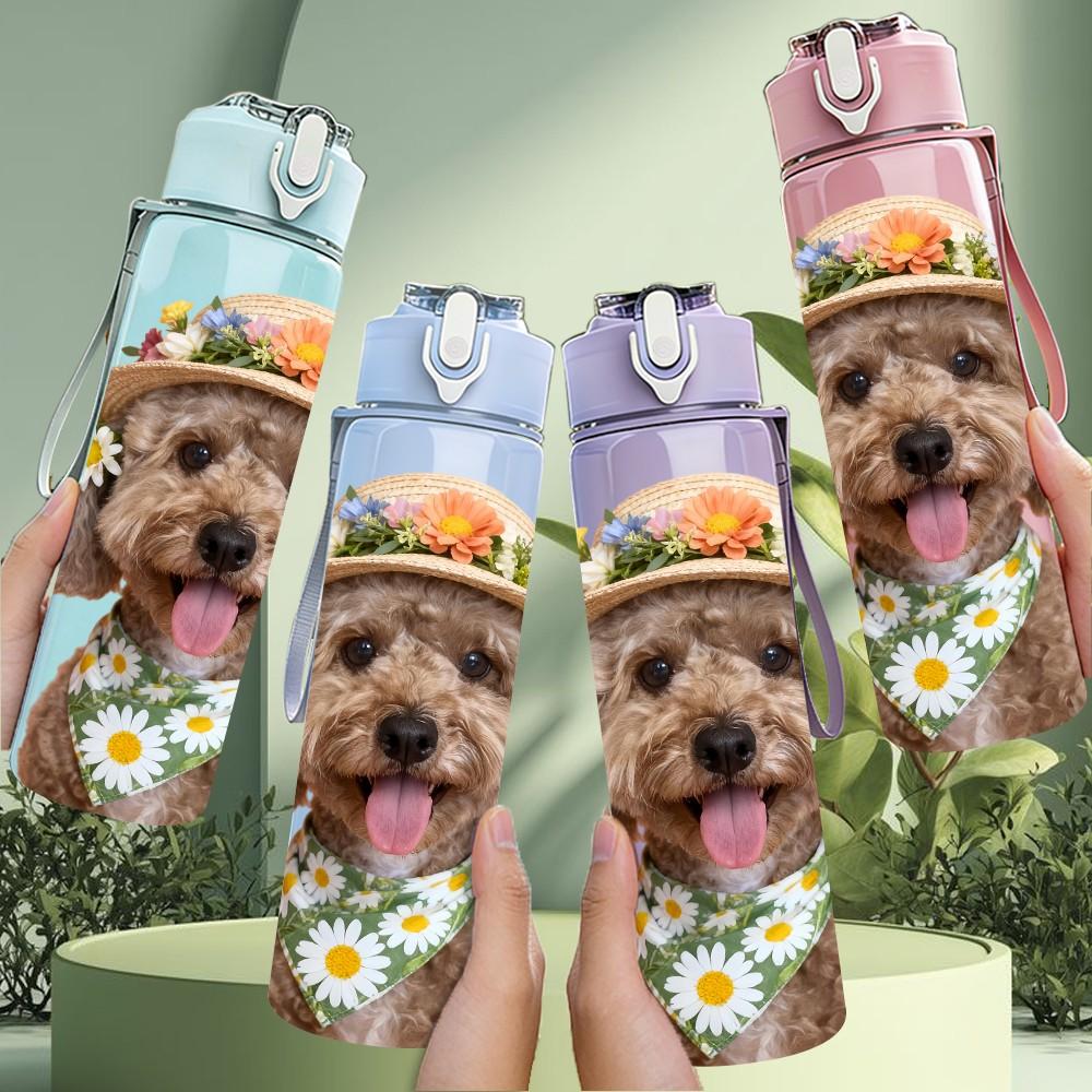1PC Flower Hat Fluffy Dog Print 750ml Color Plastic Sports Water Bottle Leakproof Flip Straw Lid Suitable for Sports Office Home Use
