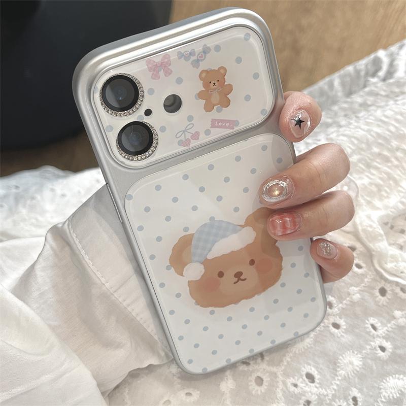 Kawaii Sleepy Bear Blue Polka Dot Clear Phone Case For iPhone 15 16 17 Pro Max INS Cute Large Window Shockproof Cover