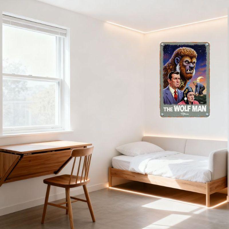 Vintage The Wolf Man Metal Tin Sign, Menacing Wolf Creature Starry Sky Crescent Moon Retro Poster for Bar Club Home Wall Decor