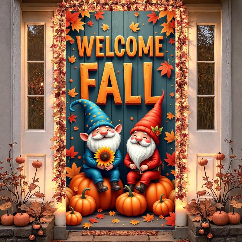 Fall Door Cover, Welcome Autumn Photo Backdrop Happy Fall Door Banner Pumpkin for Farmhouse Autumn Thanksgiving Harvest Festival Decorations and