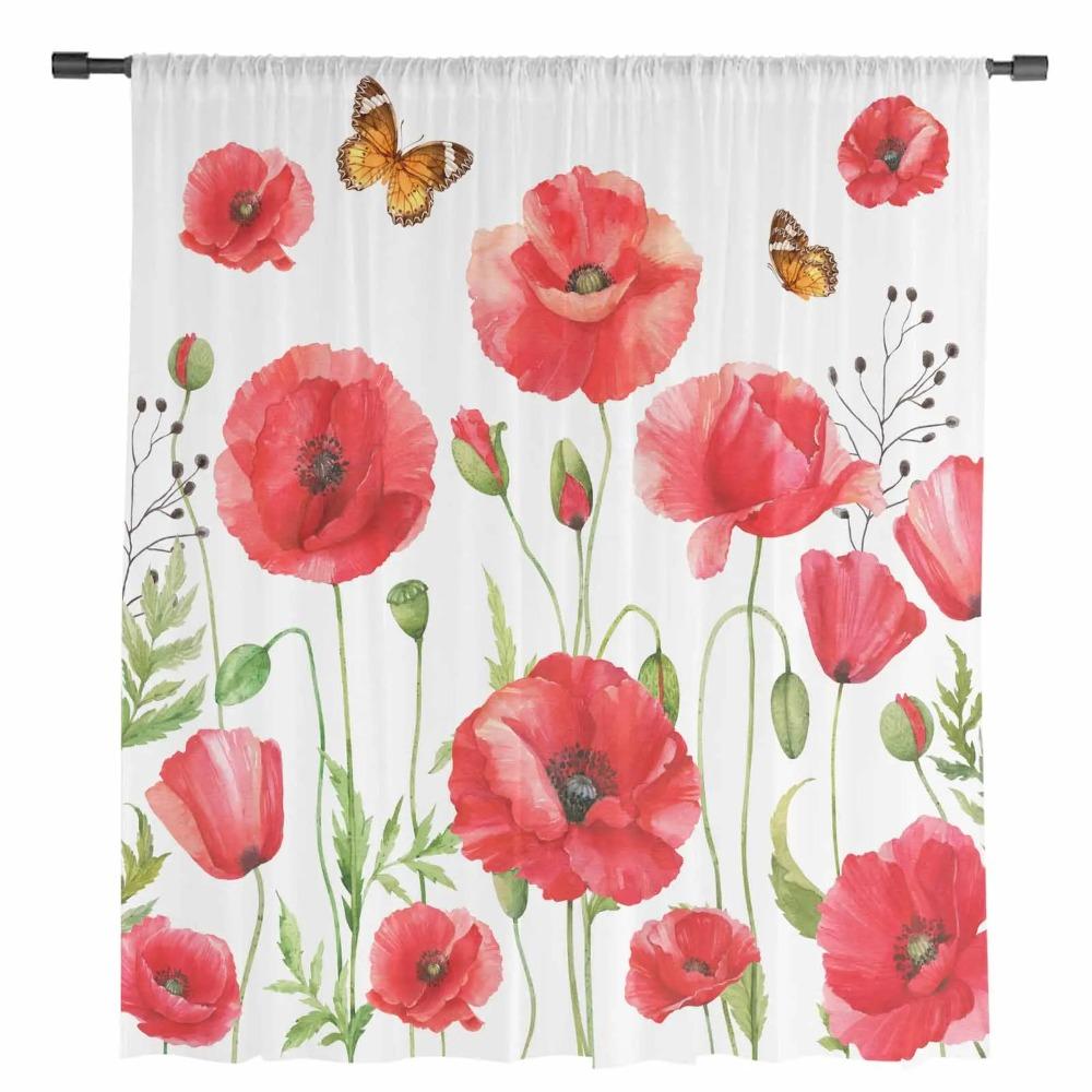 Röda Akvarell Vallmoblommor Skira Gardiner för Vardagsrumsdekoration Fönstergardiner för Kök Tyg Voile Organza Gardiner