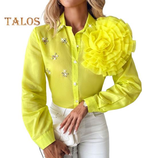 

Женская рубашка с лацканами, однобортная рубашка с длинным рукавом, топы, однотонная трехмерная рубашка с цветочным декором и стразами XL жёлтый