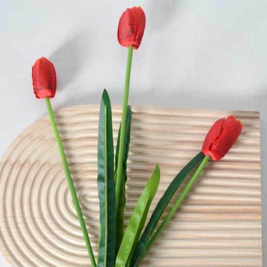 Artificial Flowers 3-Head Silk Tulip Bouquet with Bendable Iron Wire Stem Faux Floral Arrangement Wedding Decorations Photography Props