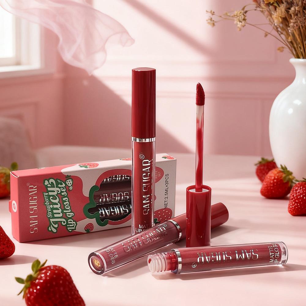 3-color Fruit Lip Gloss Set, Matte Matte Sexy Lip Glaze, Non-stick Cup, Waterproof Non-fading Lipstick Makeup