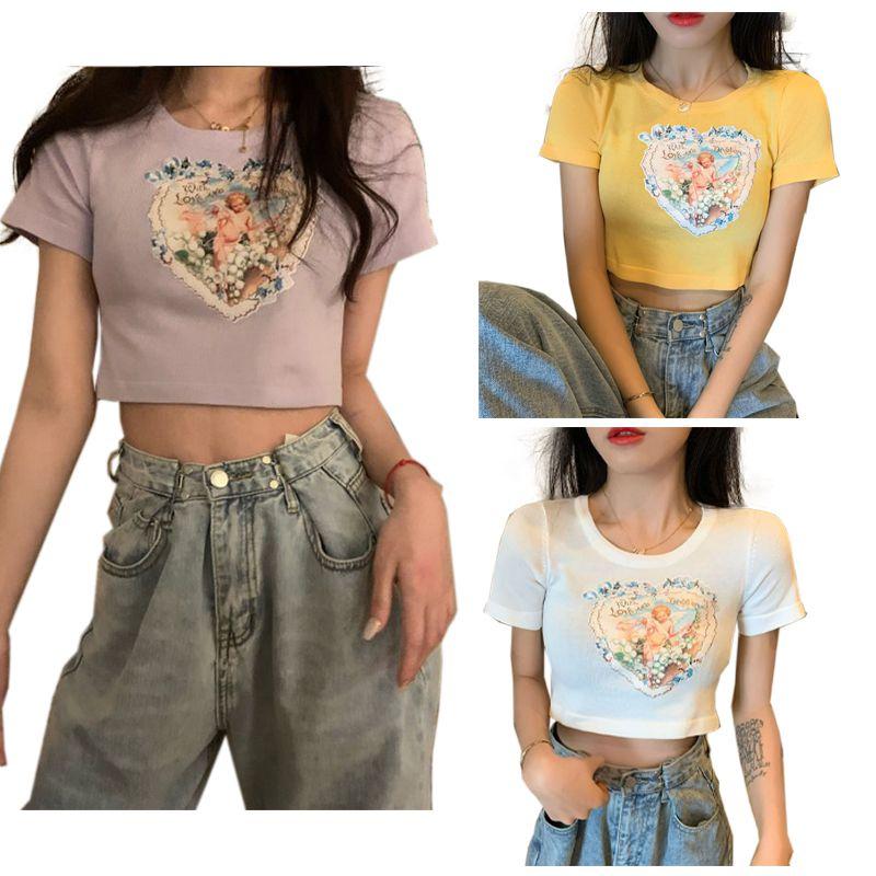 Elegant Angels Aesthetic Vintage T-shirts For Women With 90s Graphic Korean Style