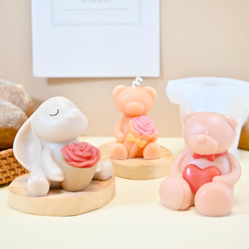 DIY Handmade Bear Candle Silicone Mold 3D Rose Love Rabbit Bears Plaster Crafts Resin Soap Mould Home Decoration Gift
