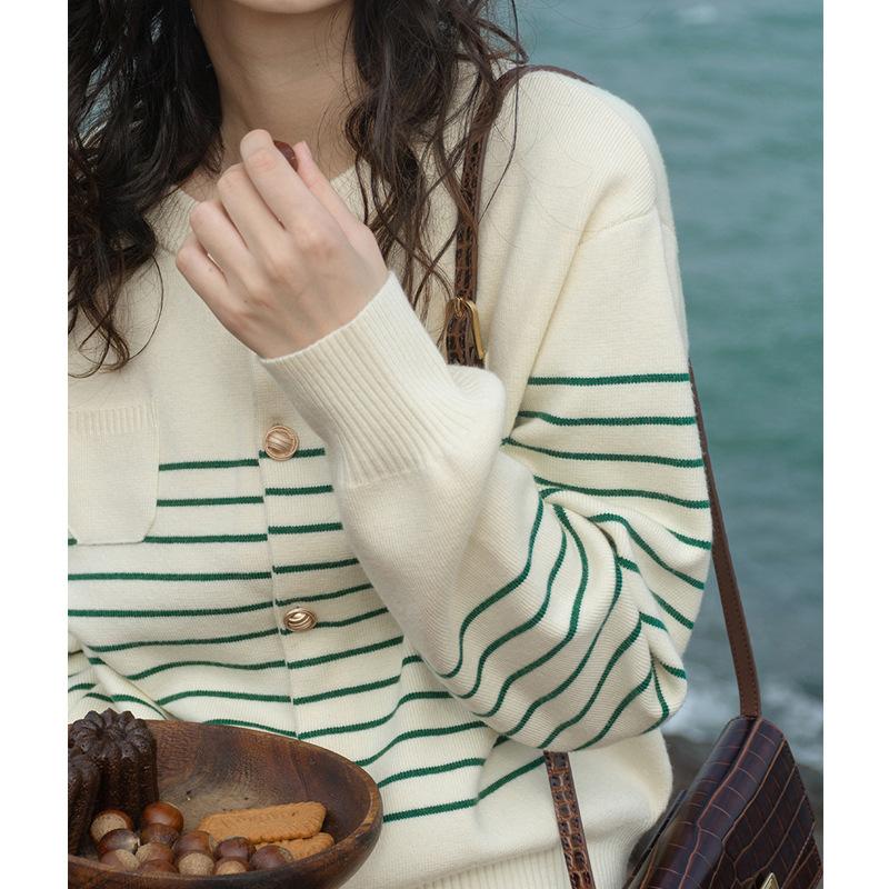 

New autumn and winter temperament striped knitted sweater retro grandma cardigan round neck thick sweater jacket women s top One size зелёный