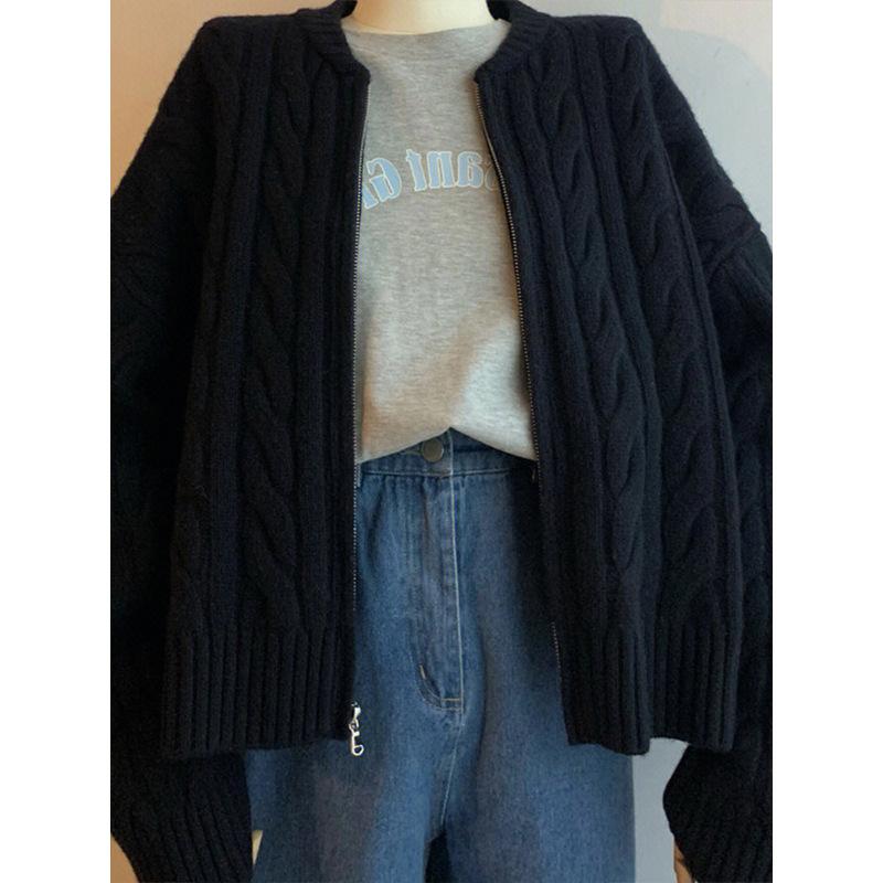Fall and Winter Black Zipper Short Twist Sweater Coat Women Season Lazy Wind Knitted Cardigan Tops  Thickening Plus Size