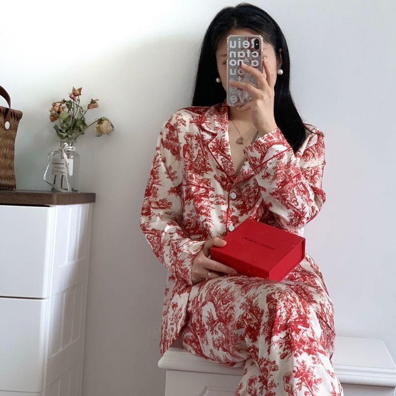Silk Pajamas Women's Long Sleeve Cardigan Long Pants Pajamas Set Printed Kawaii Clothes Home Clothes