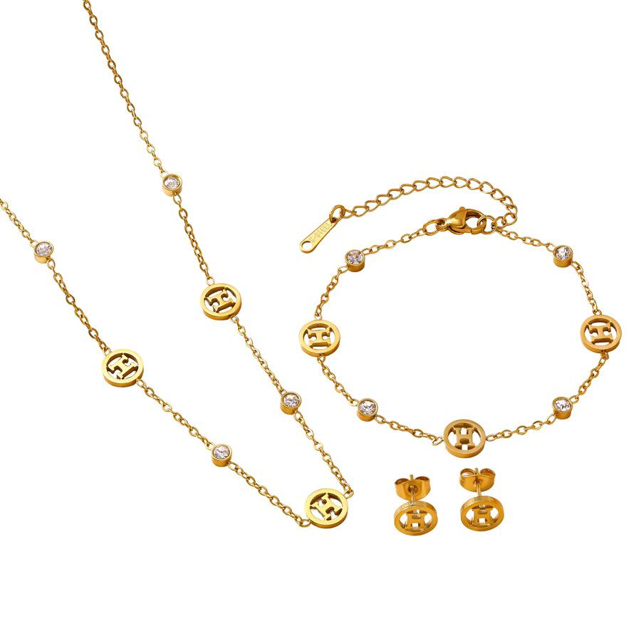 High-Quality 18K Gold Plated Titanium Steel Necklace, Bracelet, and Earring Set with H Letter Clavicle Chain. Colorfast and Stylish.