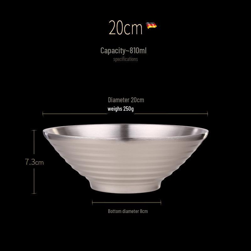 Large Capacity 304 Stainless Steel Double-Layer Anti-Scald Ramen Bowl with Engraved Conical Design