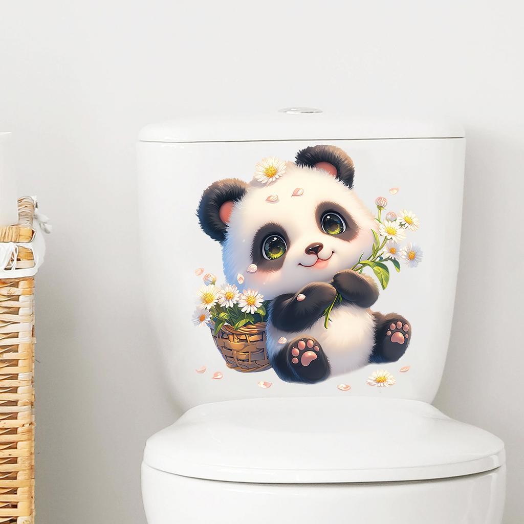 Cute Cartoon Panda with Sunflowers Toilet Sticker Self-Adhesive Removable for Bathroom Home Decor