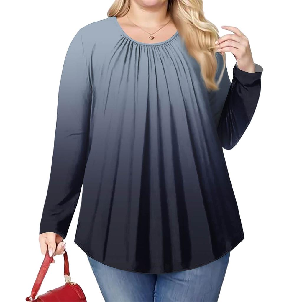 Women's Plus Size Fashion Printed Casual Pleated Round Neck Long Sleeve Top