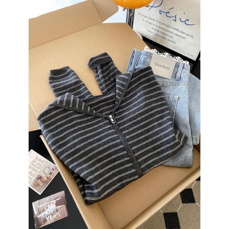 

Hooded long-sleeved striped knitted cardigan women s loose and thin soft waxy top autumn XL сірий колір