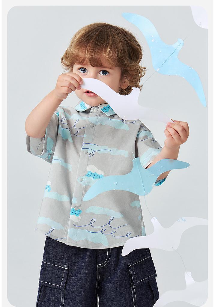 Mini Balabala Boys' Short Sleeve Shirt Plant Fiber Cotton Soft Breathable Collar Open Top 26 Summer New Product