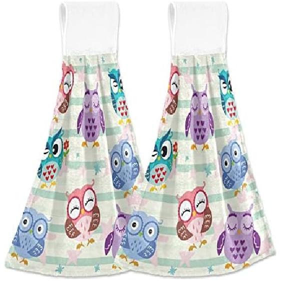 Winter Snowman Owl Kitchen Towels Christmas Snowflake Bathroom Hand Towel Hanging Tie Towel with Loop 2PCS, Soft Absorbent Dish Cloth Fingertip Towel