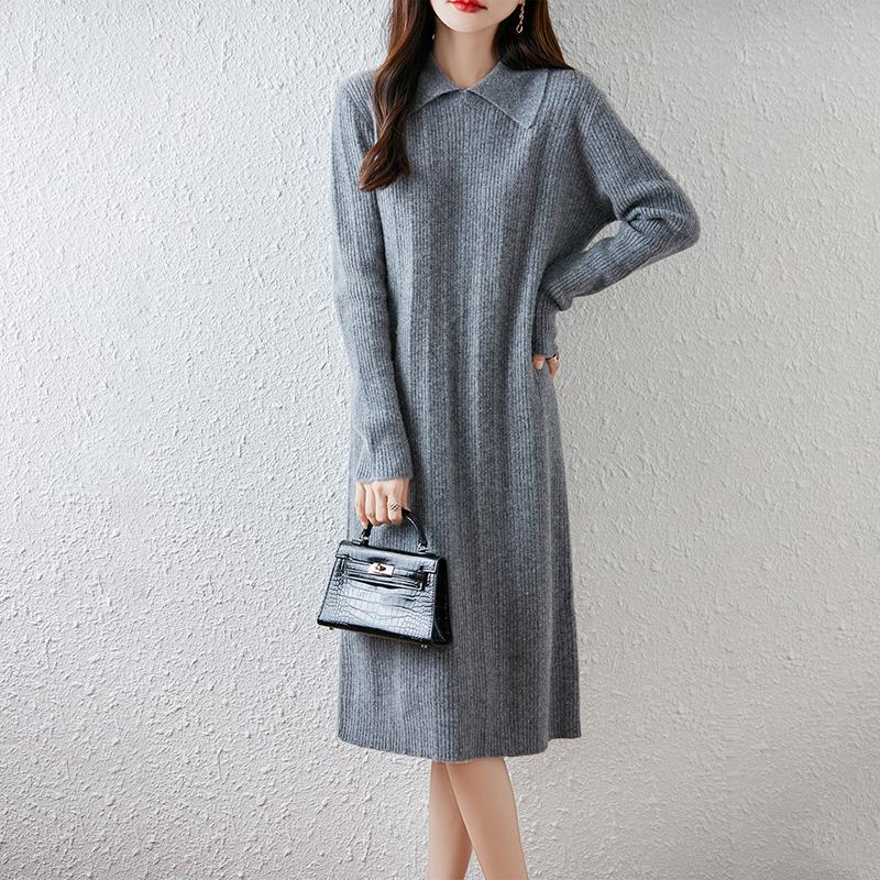 Women Sweater Dress 100% Wool MODERN NEW SAGA Turn-down Collar Knit Long Pullover Winter Jumpers Wool Long Dress Female