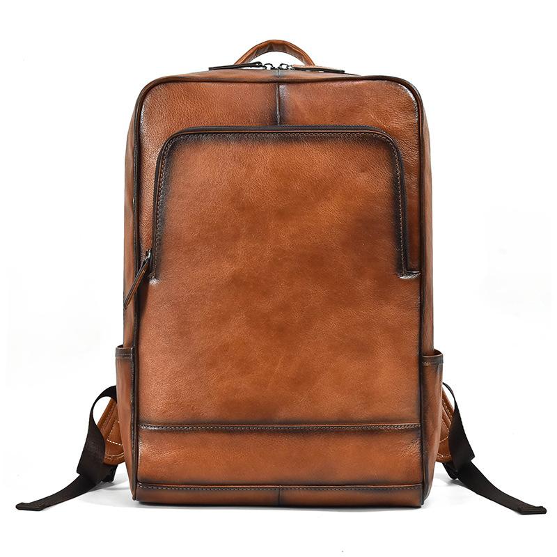 Simple Men'S Leather Backpack Men'S Cowhide 14-Inch Schoolbag Going Out For Travel Commuter Black Backpack