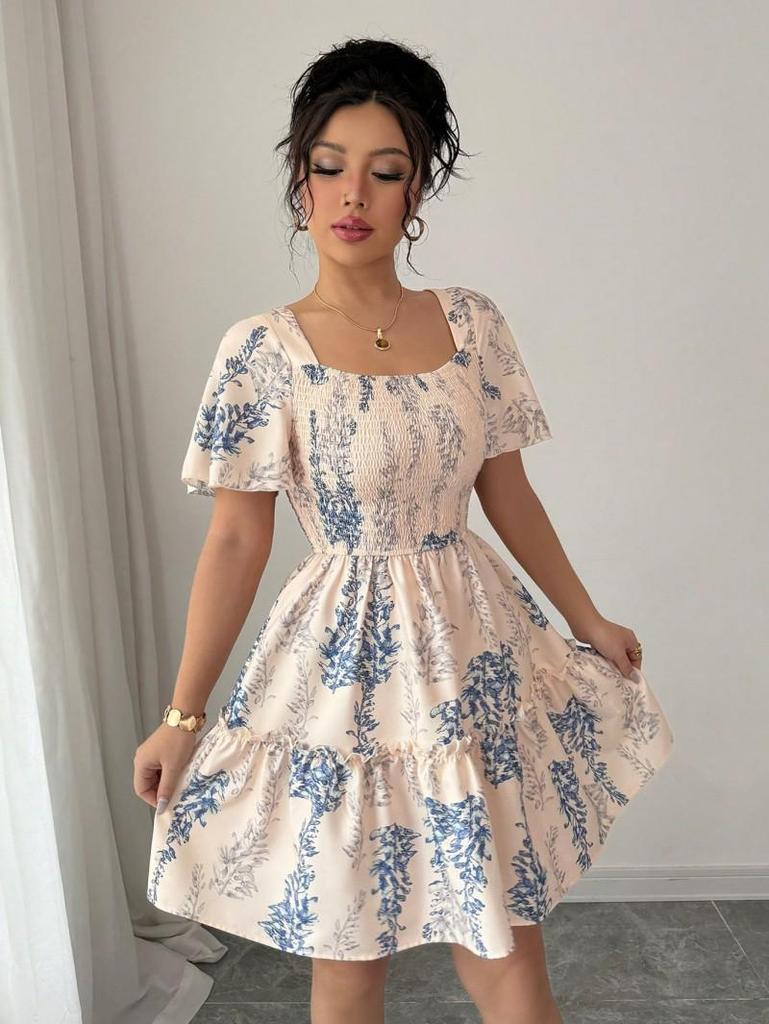 Spring 2025 Bohemian Print One-Shoulder Women's Dress with Adjustable Short Sleeves