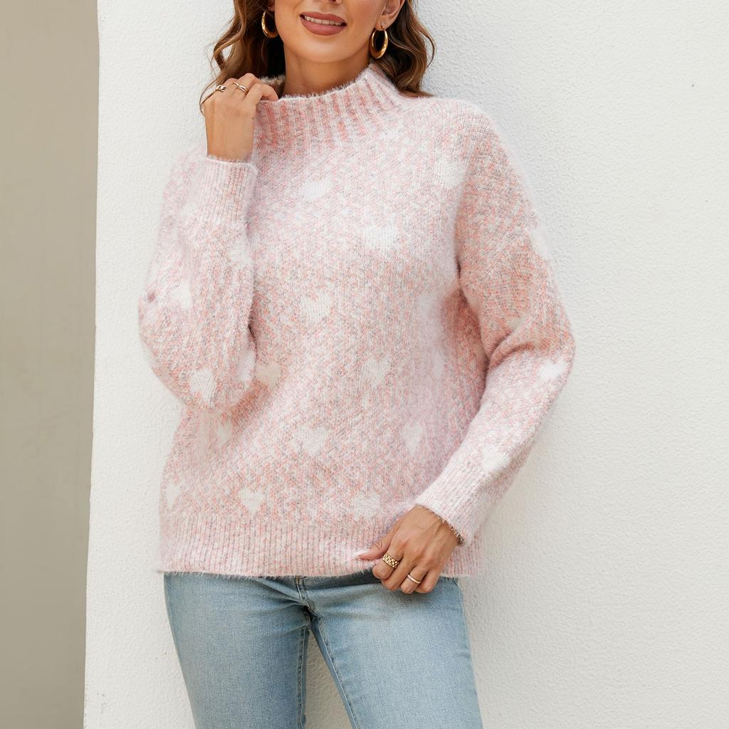 Women's Fashion Chenille Love Sweater Autumn And Winter Half Turtleneck Loose Knitted Sweater