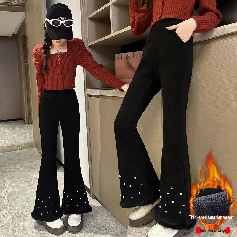 Girls' Micro-Flared Black Pants - Stylish & Warm for Autumn/Winter 2025