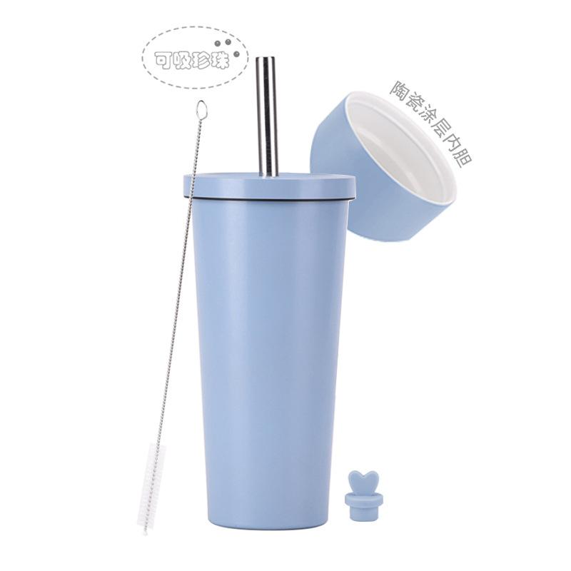 2025 Stainless Steel Straw Cup Ceramic Liner Bubble Tea Cup Vacuum Double-Layer Straw Thermos Cup
