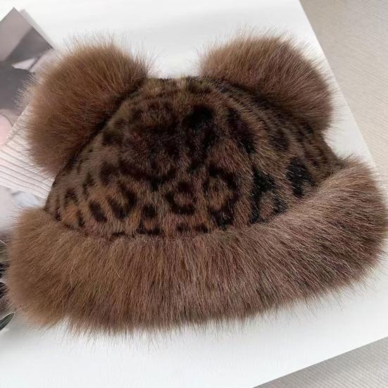 Winter Hat Retro Style Leopard Print Plush Trim Windproof Hat Bear Ear Decor Thickened Warm Women Hat