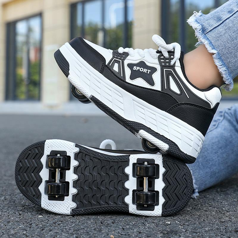 Chaussures Vélo Garçons Filles Adolescents Baskets à Roulettes Chaussures à Poulie Invisible Quatre Roues Amovibles Chaussures Vélo