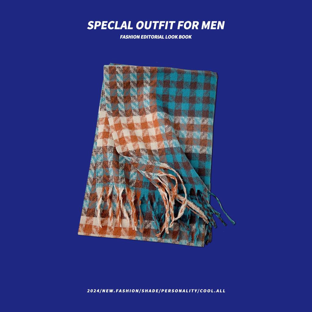 Autumn And Winter New Blue Versatile White High-End Feeling Plaid Imitation Cashmere Thick Warm Scarf Suitable For Men And Women