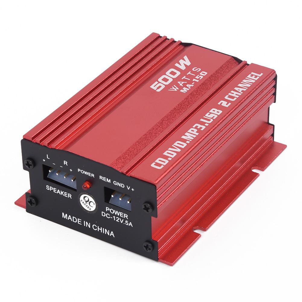1set Car 12V 500W 2 Channels Mini Hi-Fi Stereo Audio Amp Subwoofer Aluminum Alloy Red L/R Speaker Power LED Indicator