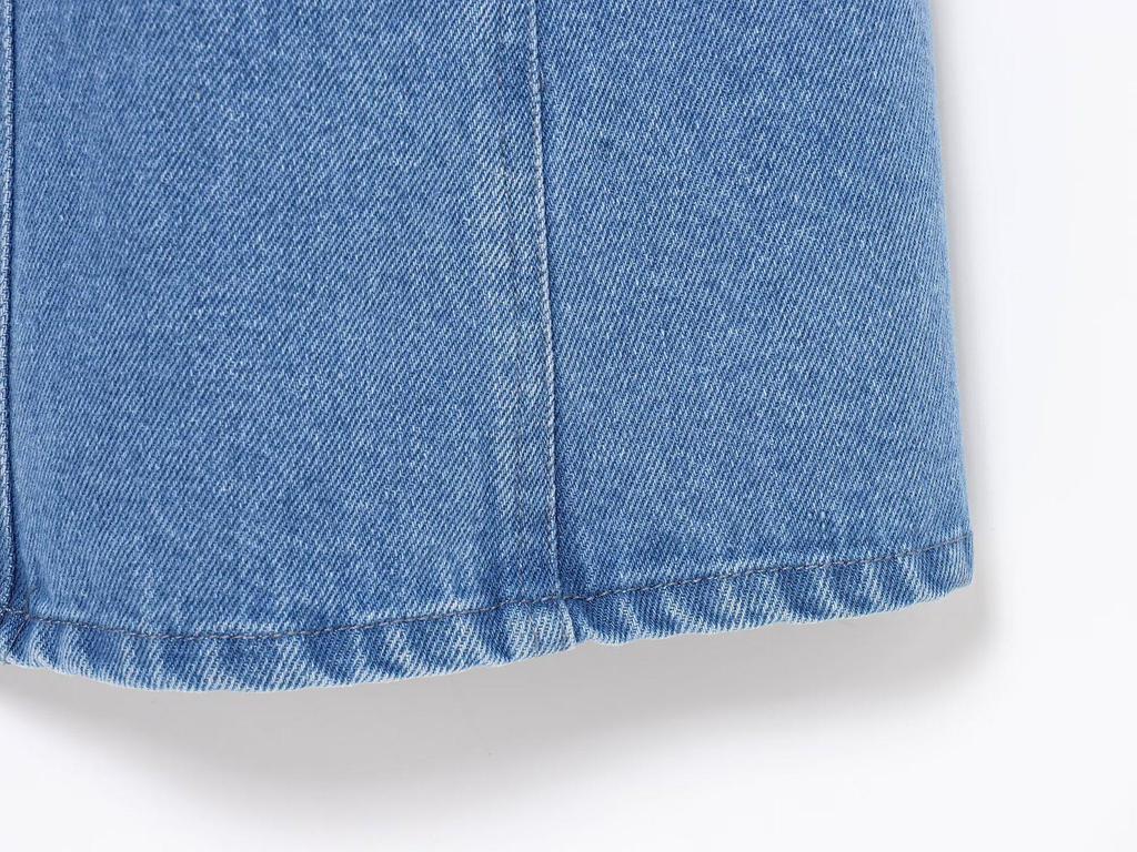 Elegant Denim Midi Dress: European & American Style, Round Neck, Short Sleeve