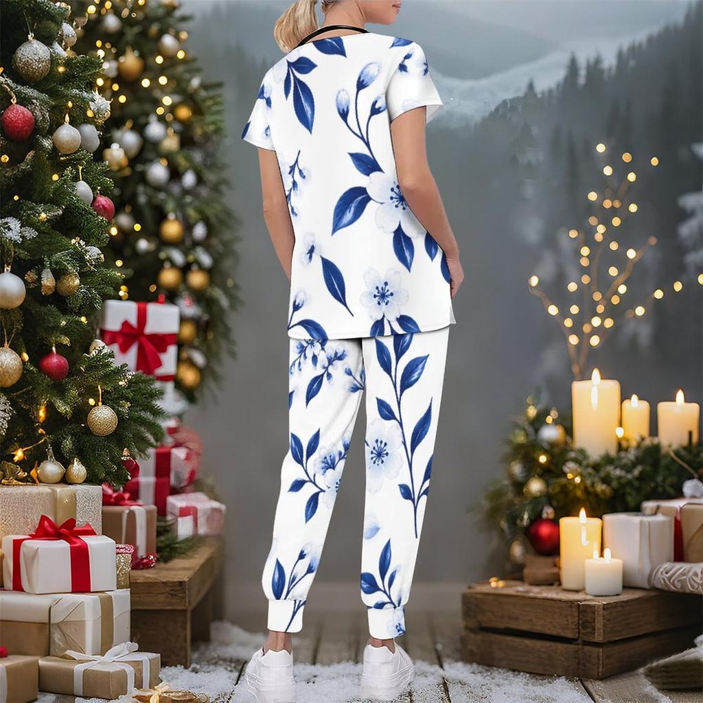 Women Plus Size Rose Printed Nurse Scrub Set V Neck Short Sleeve Pocket Top Long Pants