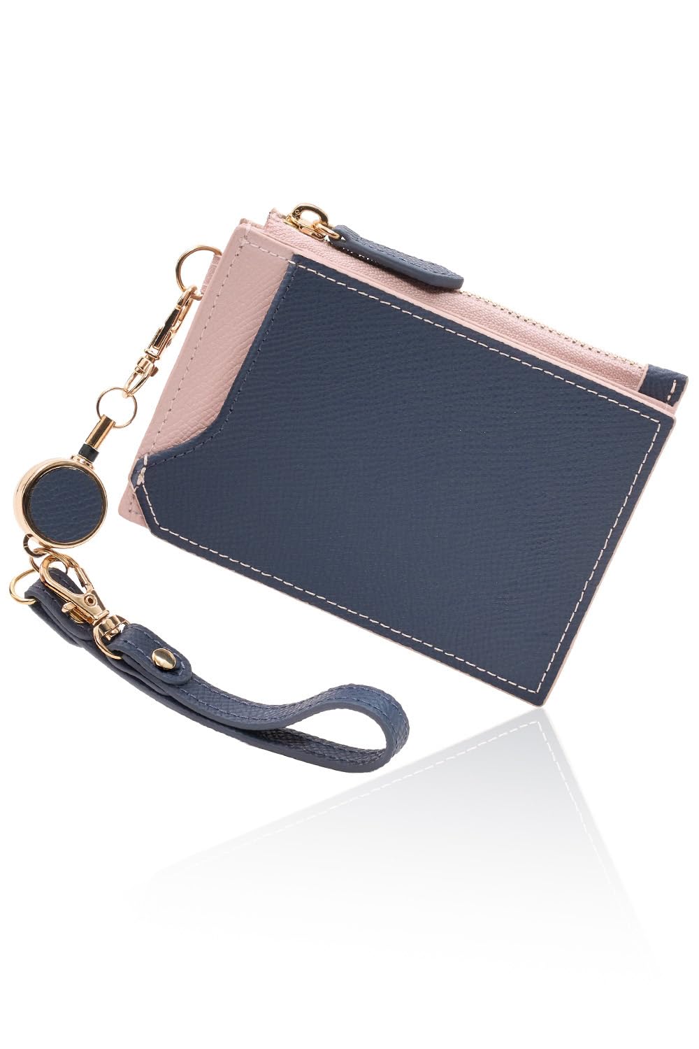 Pass Card Holder with Slim Card Coin Navy Pink Keychain [GRAV] Case, Reel, Cute, Case, Purse, & (with Strap)