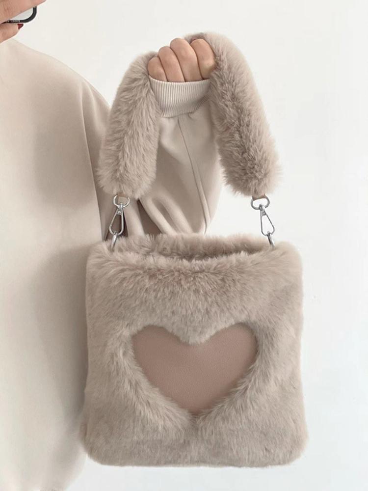 Fashion Love Heart Clutch Bag Versatile Women's 2023 New Fall Winter Large Capacity Shoulder Crossbody Bag Soft Plush Tote Bag